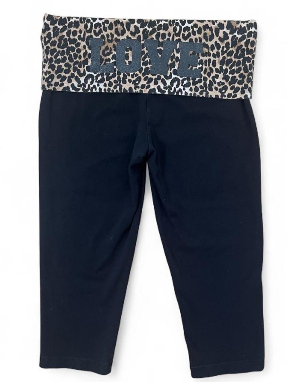 Y2K Women’s Black Capri Leggings with Leopard Fold-Over Waist and LOVE Accent